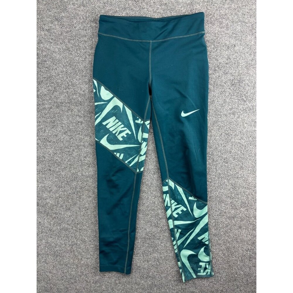 Nike Dri-Fit Trophy Training Leggings Girls' Large Green Logo Colorblock Stripe